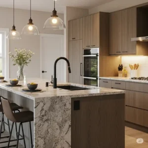 Contemporary kitchen design featuring a stylish matte black kitchen faucet.