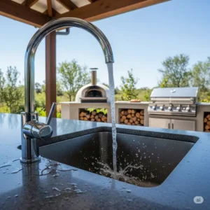 Functional outdoor kitchen faucet installed over a sink, demonstrating its utility for outdoor cooking.