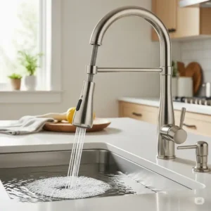 A versatile polished nickel kitchen faucet with its pull-down sprayer extended.