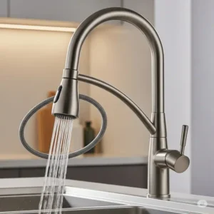 A versatile single handle kitchen faucet featuring a convenient pull-down sprayer, making rinsing dishes and cleaning the sink effortless. 