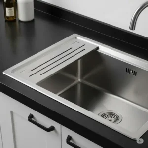 Durable **stainless steel kitchen wash basin** featuring an integrated drainer for drying dishes.
