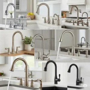 Collage showcasing various styles and finishes of 4 hole kitchen faucets.