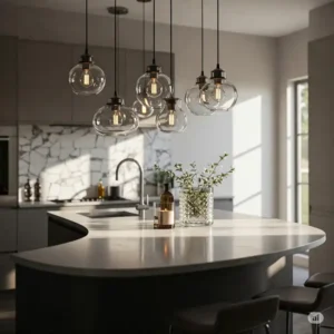 Various pendant lighting styles illuminating a stylish curved kitchen island.