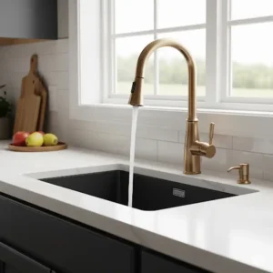Undermount kitchen sink with a high-arc champagne bronze kitchen faucet for easy use