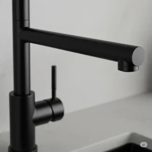 Close-up showing the smooth matte black finish and texture of a kitchen faucet.