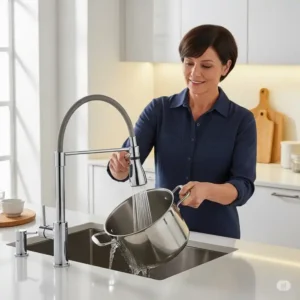 User demonstrating the extended reach of a versatile pull out kitchen faucet for washing large pots.