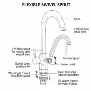 Diagram showcasing the flexible swivel spout functionality of an RV kitchen sink faucet, ideal for versatile use in small RV sinks.
