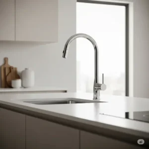 A sleek single handle kitchen faucet serving as a focal point in a clean, minimalist kitchen design, emphasizing simplicity and functionality. 