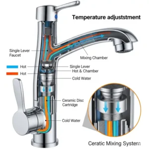 Diagram showing single lever faucet kitchen hot and cold water mix.