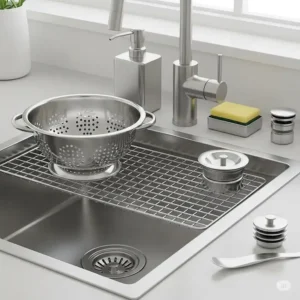 Various useful accessories for a **stainless steel kitchen wash basin**, including a grid and colander. 