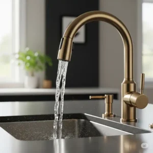 Brushed brass kitchen faucet water flowing from a durable fixture.