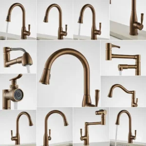 Collection of various champagne bronze kitchen faucet styles including pull-out and pot filler