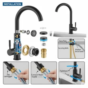 Illustration showing the installation process or components of a matte black kitchen faucet.