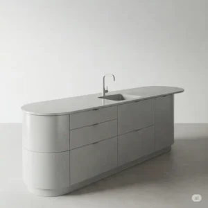 Simple and elegant minimalist design of a curved kitchen island with clean lines.