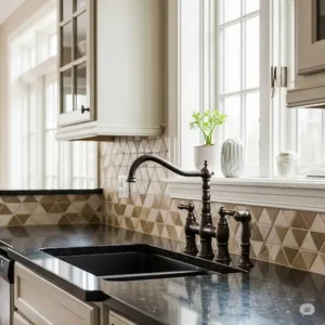 An oil rubbed bronze kitchen faucet complementing a stylish backsplash and countertops in a well-designed kitchen.