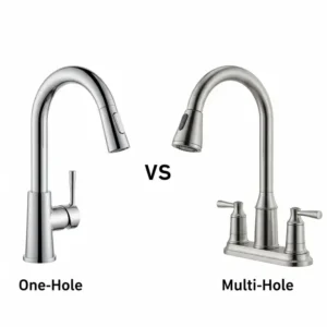 Comparison illustration showcasing the design simplicity of a one hole kitchen faucet versus a multi-hole option.