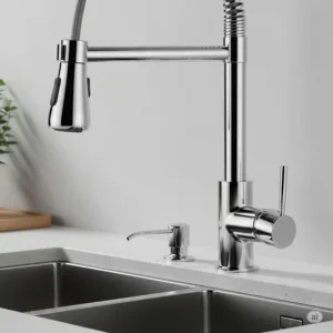 Integrated pull out kitchen faucet with a matching soap dispenser for a complete sink setup.