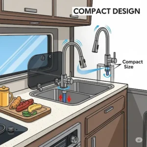 Illustration emphasizing the compact design benefits of an RV kitchen sink faucet, perfect for maximizing space efficiency in tight RV kitchens.