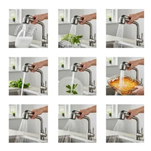 Demonstrating different spray modes on a single handle kitchen faucet, from aerated stream to powerful spray, for diverse kitchen tasks. 