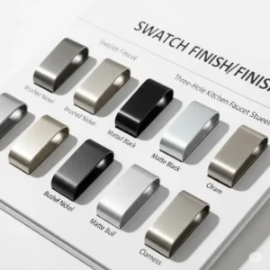 Swatch display showing popular finishes available for three hole kitchen faucets, including brushed nickel and matte black.