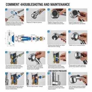 Visual guide for troubleshooting a 4 hole kitchen faucet.