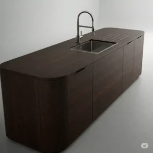 Functional curved kitchen island featuring an integrated sink and modern faucet.