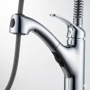 Side view of a pull out kitchen faucet highlighting its ergonomic handle design for comfortable use.