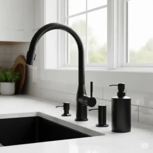 Matte black kitchen faucet paired with matching kitchen accessories like a soap dispenser.