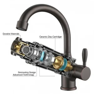 Cutaway illustration revealing the durable internal components and advanced technology within an oil rubbed bronze kitchen faucet.