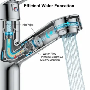 Illustration demonstrating the efficient water flow and aerator function of a one hole kitchen faucet.
