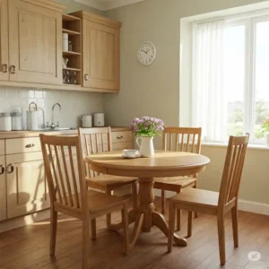 A 42 round kitchen table maximizing space in a cozy kitchen layout.