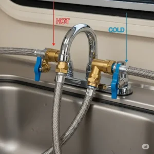 Detailed view of the hot and cold water hose connections on an RV kitchen sink faucet, ensuring proper plumbing setup for optimal water flow.