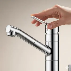 A hand adjusting the single handle kitchen faucet, highlighting the effortless control and user-friendly design for everyday use.