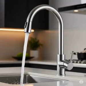 Smooth water flow from single lever faucet kitchen for filling pots.