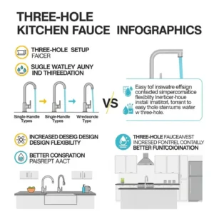 Infographic comparing the benefits of a three hole kitchen faucet setup over other faucet types.