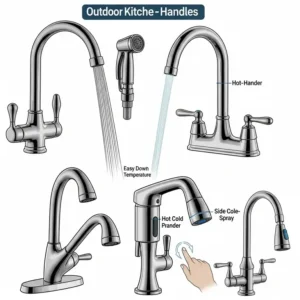 Various handle options for outdoor kitchen faucets, including single and double lever designs for optimal control.