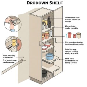 "Illustration showing how a dropdown shelf makes items in tall kitchen cabinets with dropdown shelf easily accessible."