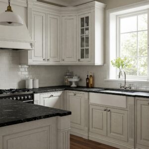Elegant antique white kitchen cabinets paired with a contrasting dark countertop, creating a sophisticated look.