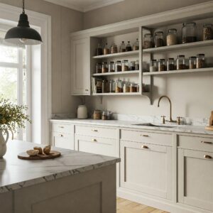 Stylish combination of antique white kitchen cabinets and open shelving, offering both storage and display options.