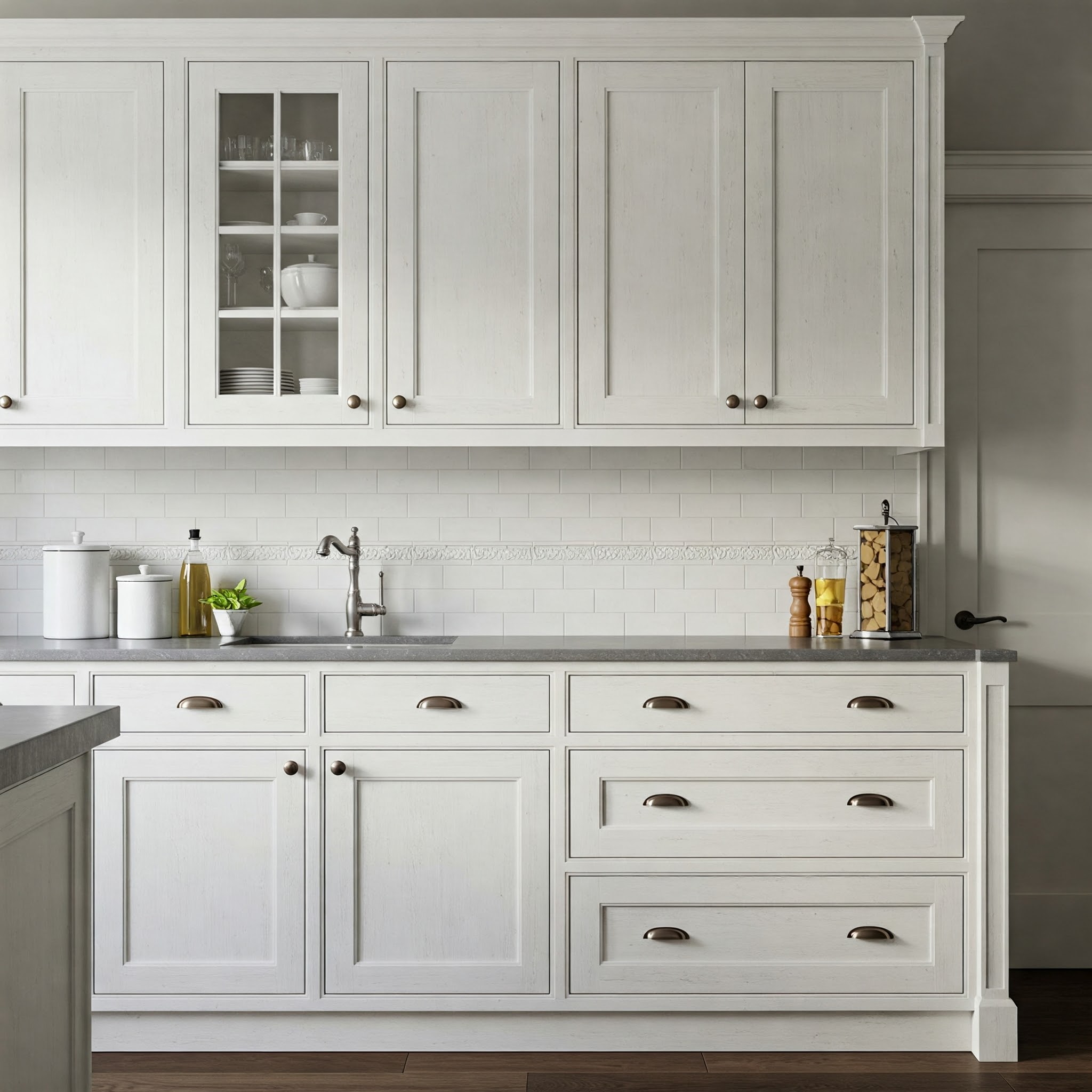 Elegant antique white kitchen cabinets in a shaker style, showcasing a bright and timeless design.