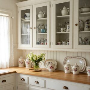 Charming antique white kitchen cabinets with glass door inserts, displaying dishware and adding visual interest.