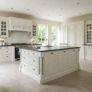 Spacious kitchen island featuring antique white kitchen cabinets, providing ample storage and workspace.