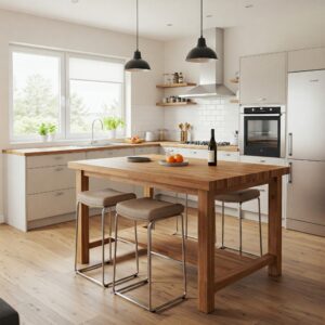 Modern kitchen featuring a butcher block kitchen table with comfortable bar stools for casual dining.