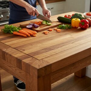 Durable butcher block kitchen table being used for chopping vegetables and preparing a meal.