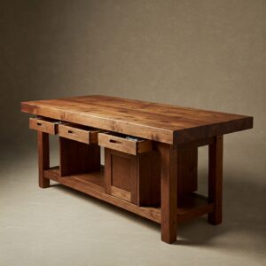 Functional butcher block kitchen table with built-in drawers providing convenient storage for utensils and linens. 