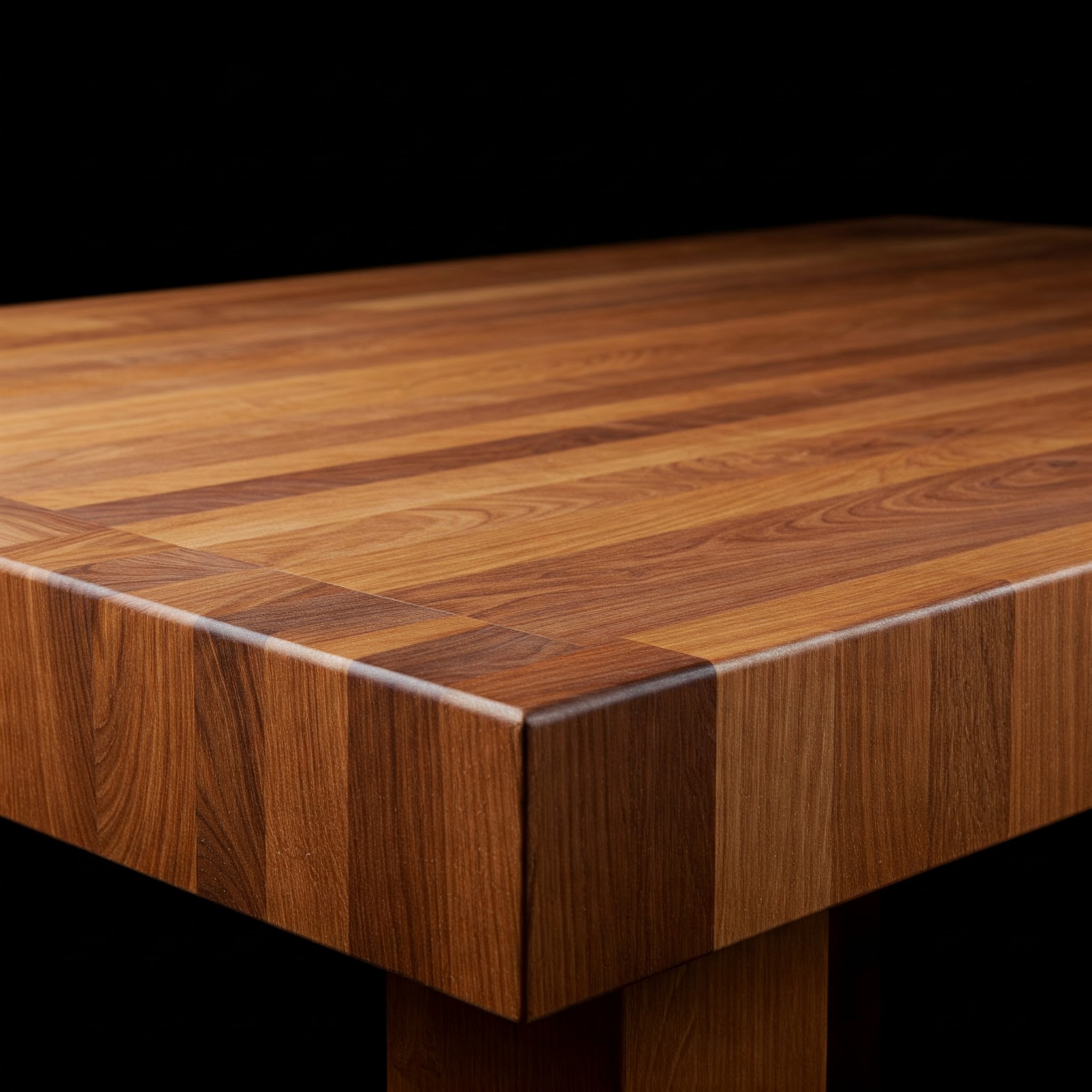 Close-up of a beautiful solid wood butcher block kitchen table showing the natural grain and sturdy construction.