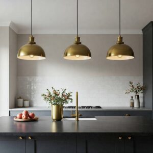 Modern kitchen island featuring a cluster of elegant pendant lights, a form of modern kitchen island lighting.