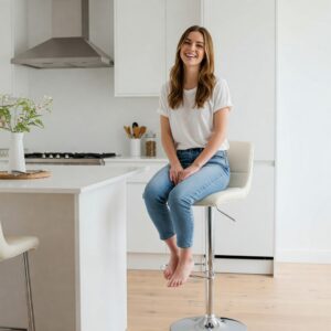 Person enjoying the height and comfort of counter height kitchen table and chairs.