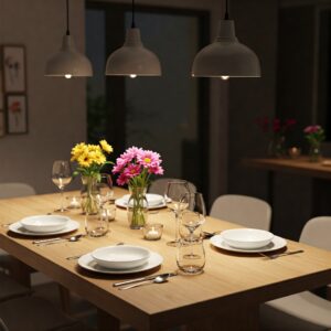 Counter height kitchen table and chairs set with plates, glasses, and cutlery.