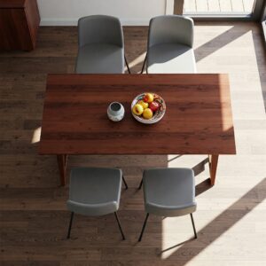Top-down view of a counter height kitchen table and chairs arrangement. 